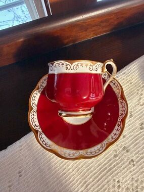 Royal Albert Teacup and Saucer Maroon With Gold Scrolls Hampton Shape Vintage